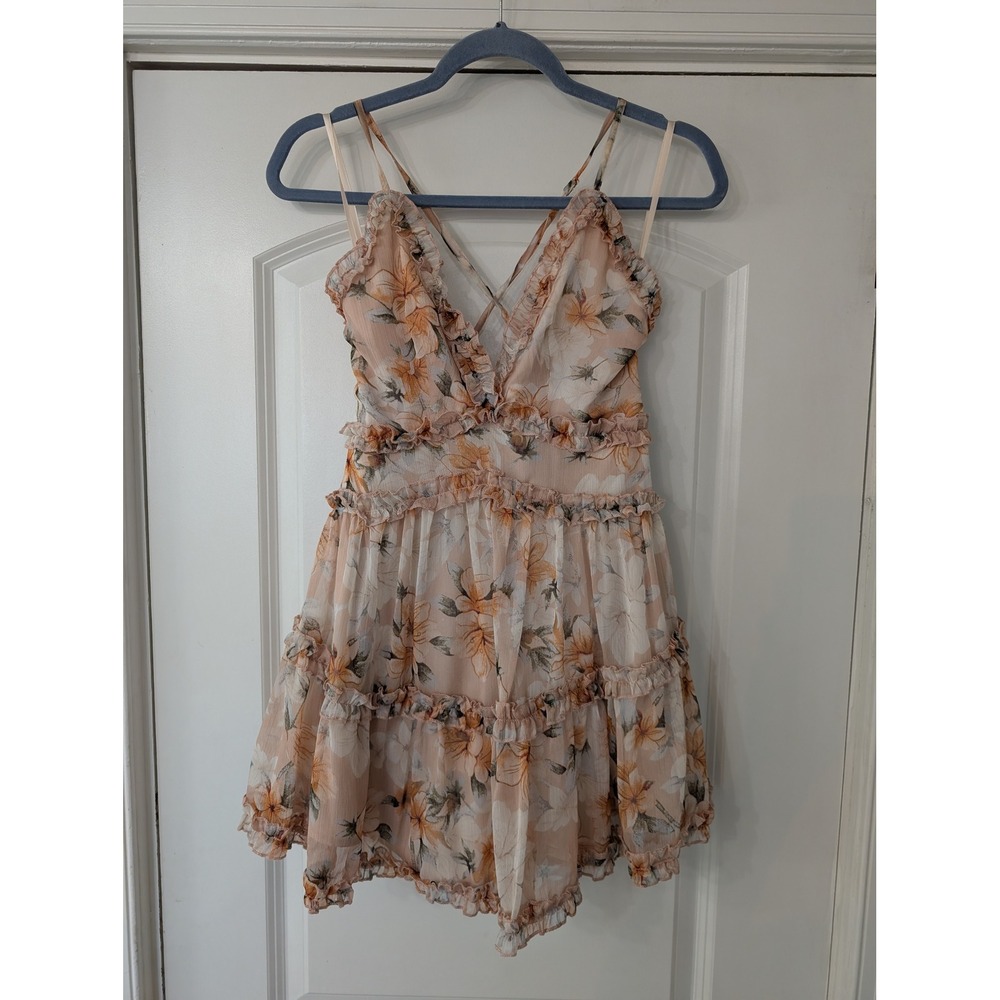 Saints +‎ Secrets Floral Ruffle Mini Dress Peach Cross Back XS flirty romantic